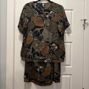 Vintage Set Blue Sky Animal Print Lined Top/Midi Skirt size XL.